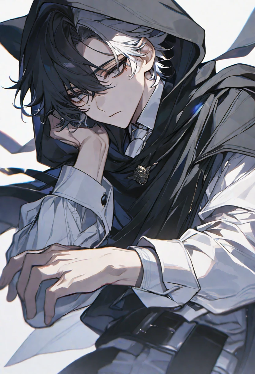 Alone, elegant, 1 male, short hair, black hair and white hair, pale eyes, White shirt, white tie, black hood