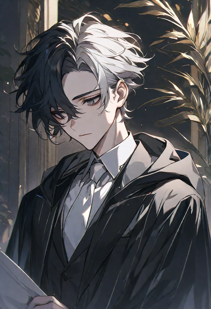 Alone, elegant, 1 male, short hair, black hair and white hair, pale eyes, White shirt, white tie, black hood