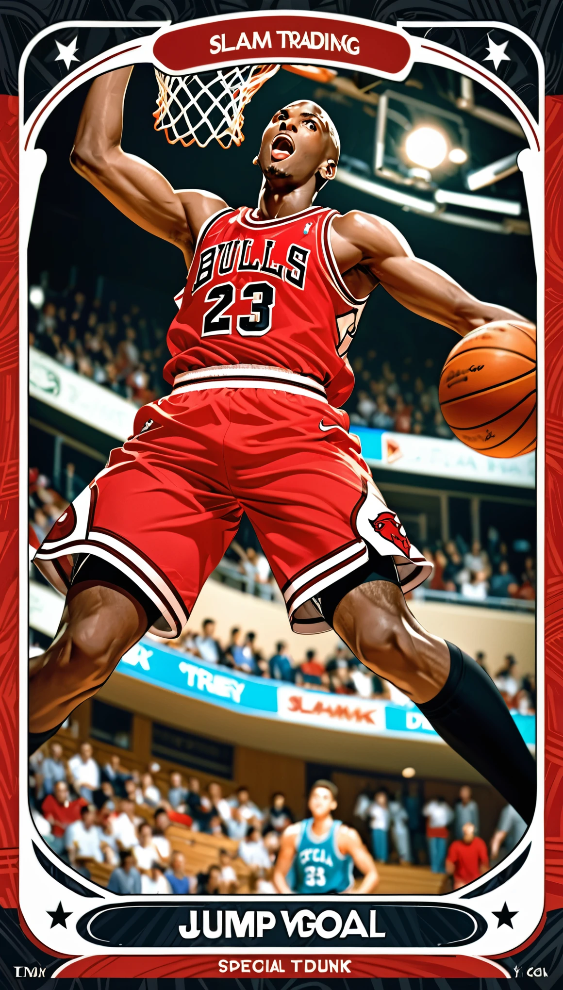 (masterpiece:1.2,Highest quality,Highest quality,High resolution),(Super detailed),(Anime Style),8k,wallpaper,One Man,Black,Basketball Player,Michael Jordan,Detailed face,Sticking out tongue,Chicago Bulls Uniforms,((front)),((Directly above)),((Lean your body back)),(((Jump very high towards the goal:1.6))),((Look up at the ball)),((Slam Dunk:1.6)),(((Dynamic Angles),Basketball Court,(((Background Blur))),((From below)),(Basketball Playerトレーディングカード),(((Beautiful trading cards:1.2))),((Special trading cards:1.3)),((Upper Deck inspired design:1.2))