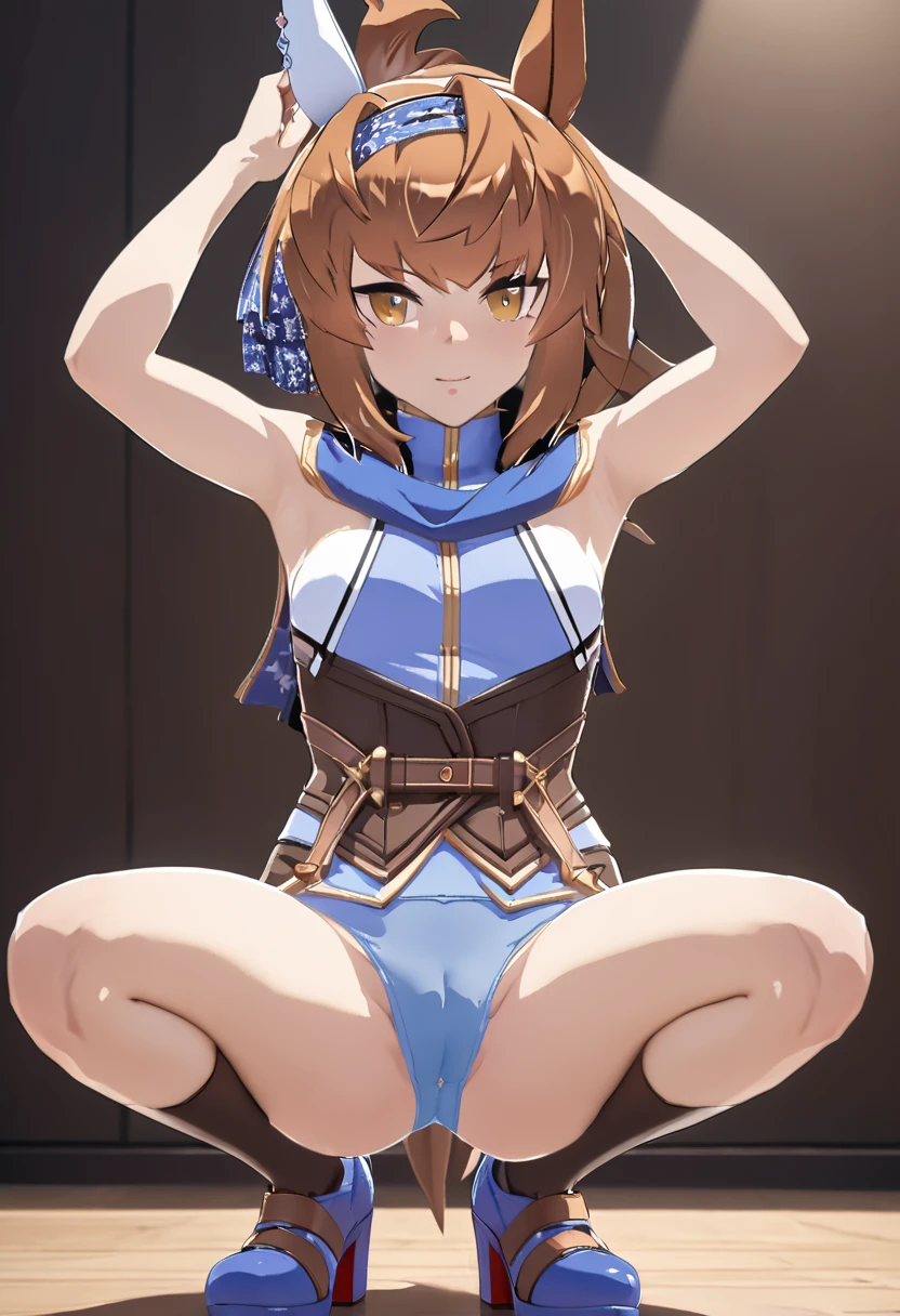 1girl,furioso\(umamusume\),horse tail,spread armpit,(((squatting))).spread legs,knees up,front view,straight-on,latex underwear,((cameltoe)),umamusume official art,anime coloring,cel shading,stylized,ai-generated,super fine illustration,intricate,beautiful eyes,masterpiece,best quality,highres,4k,8k,nsfw