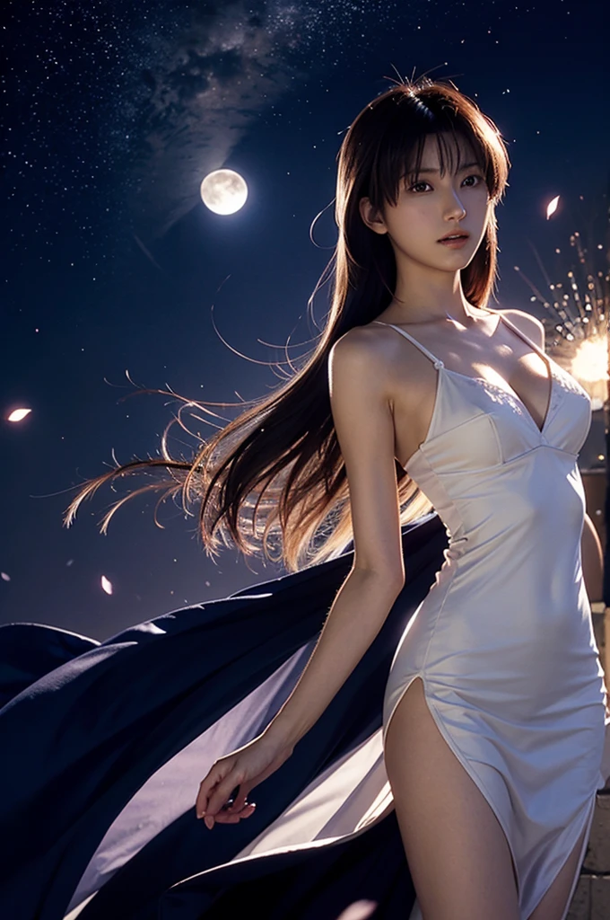 type-moon,Arcueid,, arcueid \(tsukihime\),moon, shining flowers, particles of light,side breasts,