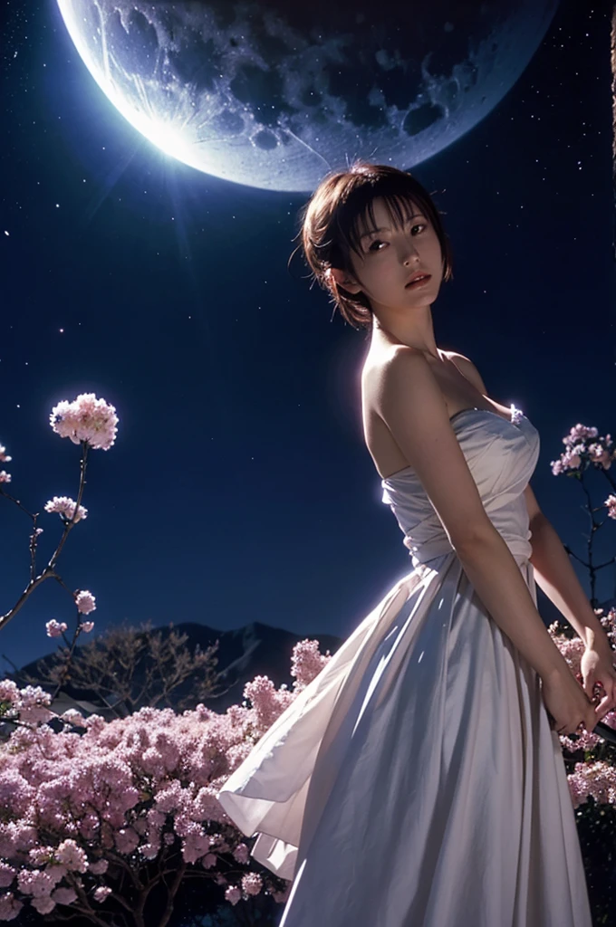 type-moon,Arcueid,, arcueid \(tsukihime\),moon, shining flowers, particles of light,side breasts,