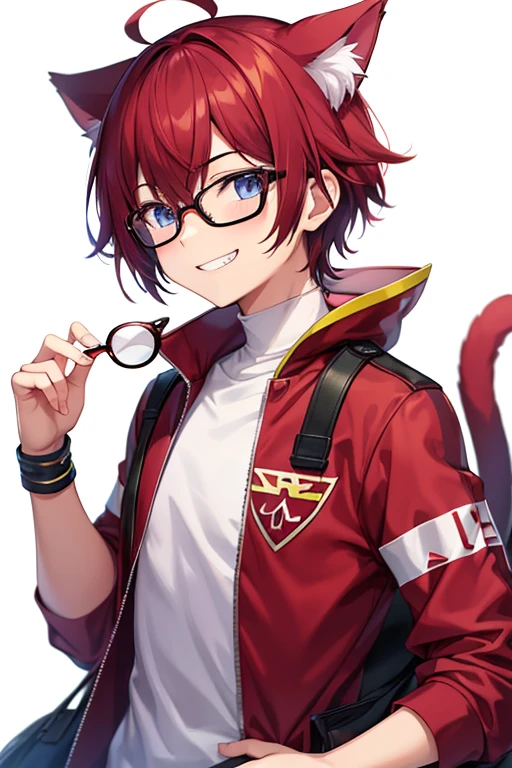 a male cat like a mascot character/an anime character/game character, wearing stylish and fashionable cloths colored by white and bordeaux color, wearing glasses, small mouth, grinning, a little round face