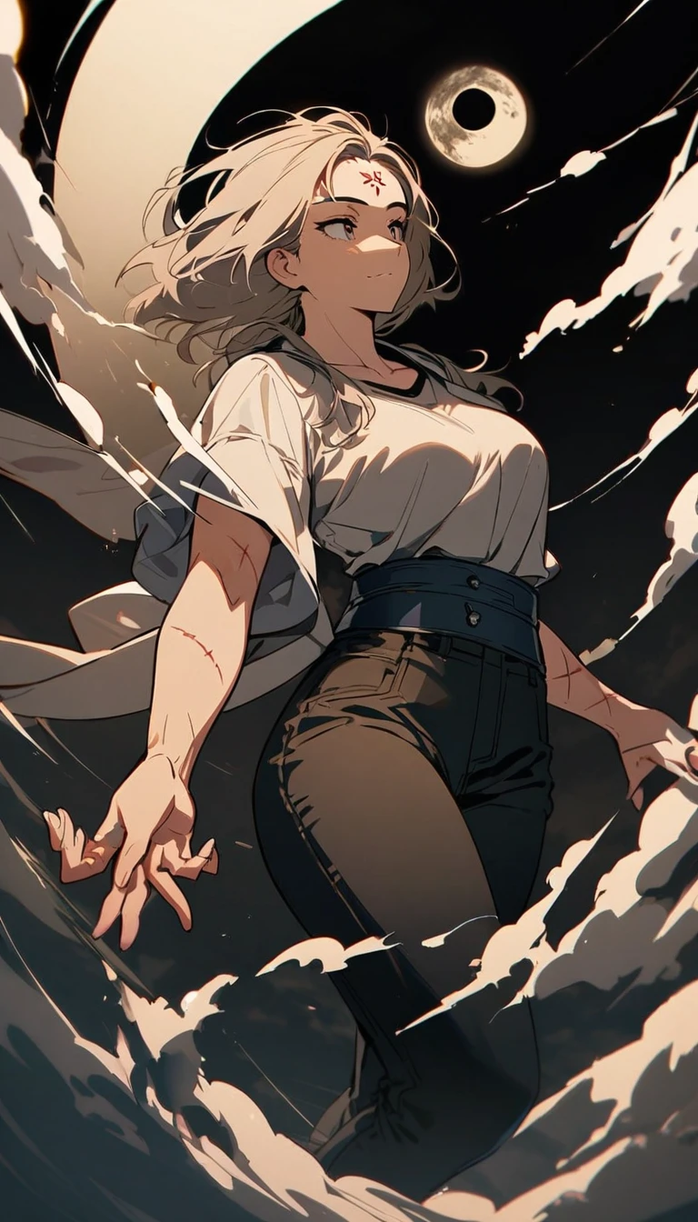 A woman dressed in a medium length  medium sleeved shirt, black jeans, floating above the skies of Japan, a stitch mark scars across her forehead, a faint smile as she holds a black hole in her hand, quite feminine and fairly muscular