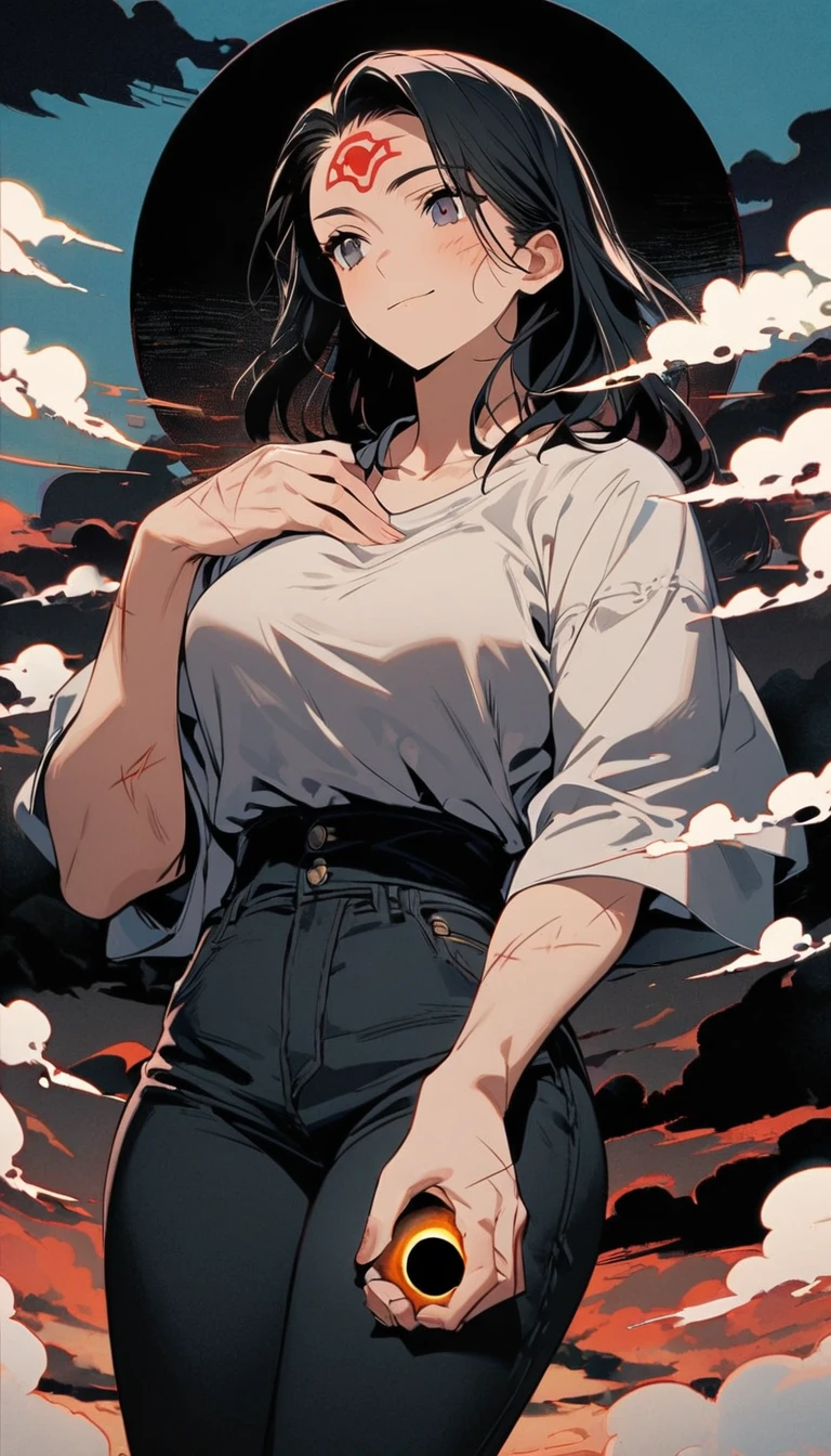 A woman dressed in a medium length  medium sleeved shirt, black jeans, floating above the skies of Japan, a stitch mark scars across her forehead, a faint smile as she holds a black hole in her hand, quite feminine and fairly muscular