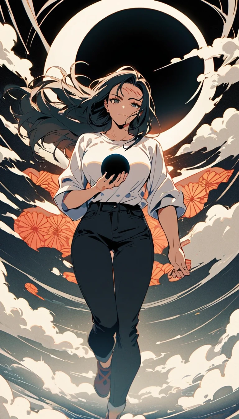 A woman dressed in a medium length  medium sleeved shirt, black jeans, floating above the skies of Japan, a stitch mark scars across her forehead, a faint smile as she holds a black hole in her hand, quite feminine and fairly muscular