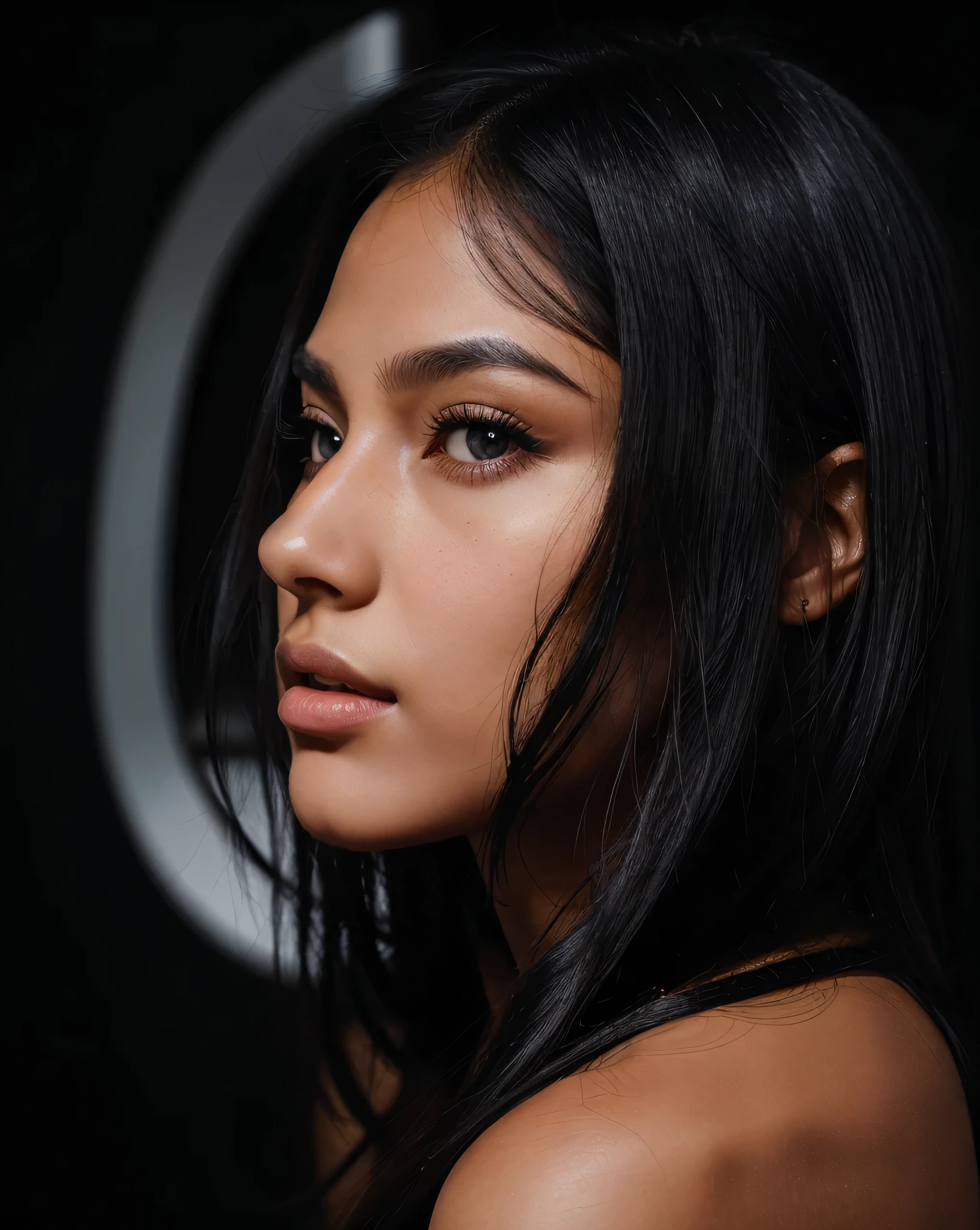 young woman, skin black, blackquality hair, dark shaped eyes, glare eyes, side profile of the face, face detailed, light brightening the face, black background with details, redgown, bluor.