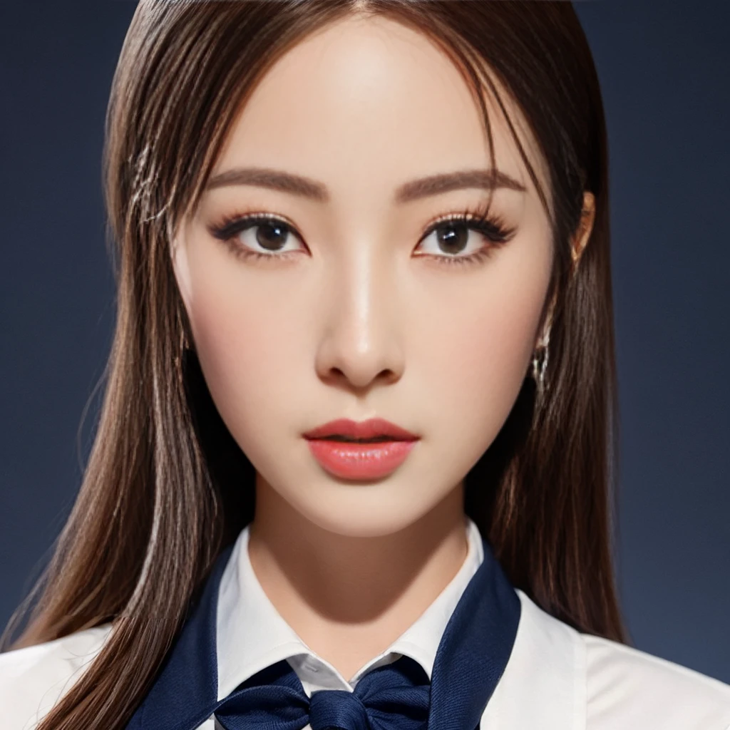 a beautiful american japanese woman with a perfect figure, , wearing a navy blue with a light blue shirt, navy blue tie, and navy blue skirt, idol sculpture, transparent, detailed facial features, detailed eyes, detailed lips, long eyelashes, highly detailed, 8k, photorealistic, masterpiece, vibrant colors, dramatic lighting, cinematic, elegant