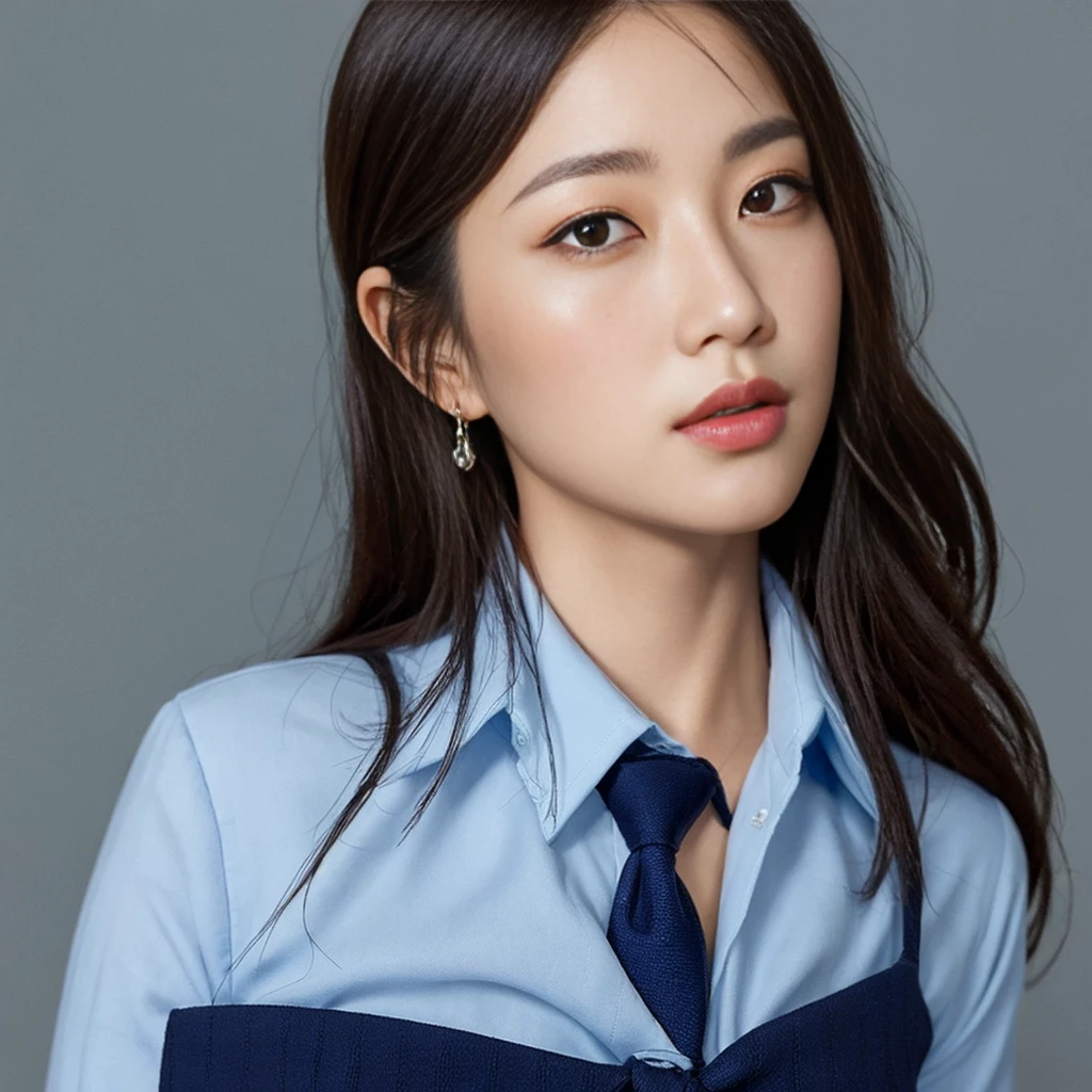 a beautiful american japanese woman with a perfect figure, , wearing a navy blue with a light blue shirt, navy blue tie, and navy blue skirt, idol sculpture, transparent, detailed facial features, detailed eyes, detailed lips, long eyelashes, highly detailed, 8k, photorealistic, masterpiece, vibrant colors, dramatic lighting, cinematic, elegant