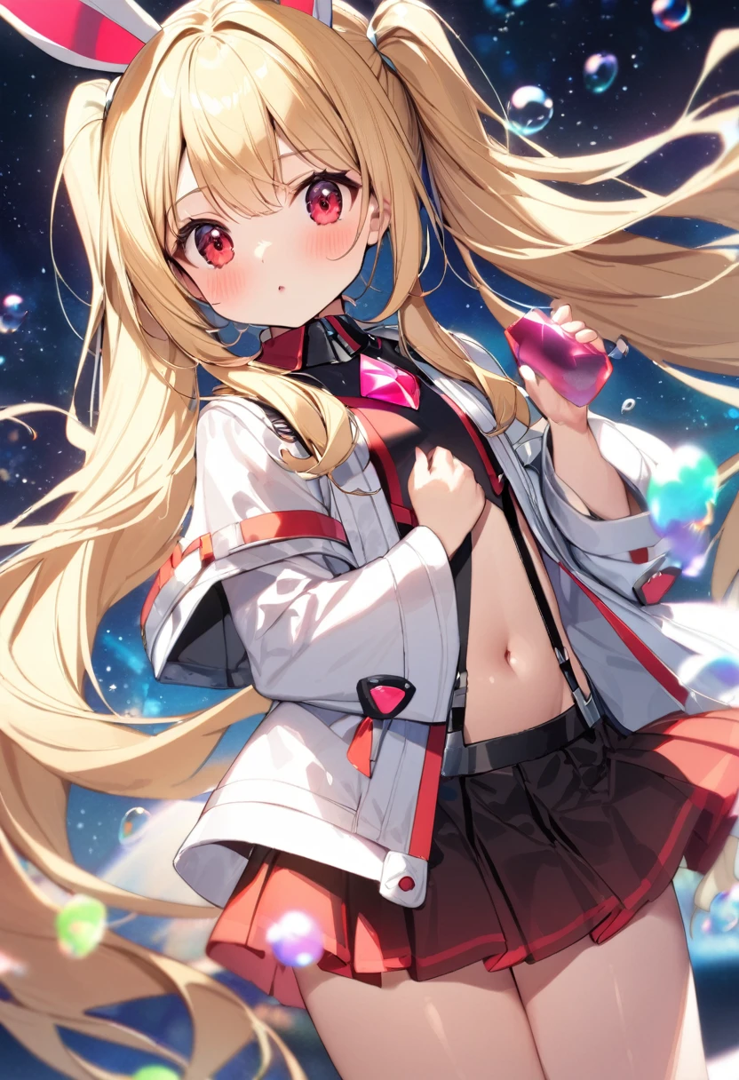 1girl, ,little_girl,ruby, blonde hair, twintails, bangs, red eyes, very long hair, crystal bunny ears, futuristic rabbit ears, wide sleeves, very short jacket, open jacket, white jacket, suspenders, futuristic outfit, bubbles, a space background in the background, 1girl, solo, skirt, blonde hair, long hair, navel, very long hair, white background, pleated skirt, long sleeves,
