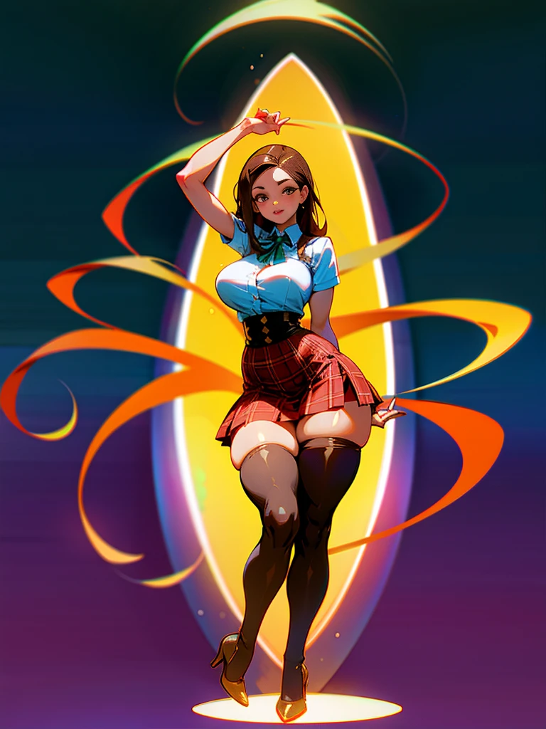 High quality Anime latina, brown hair, brown skin, very curvy, (skinny), hourglass, wide hips, massive thick thighs, wearing plaid micro skirt, stockings and high heels
