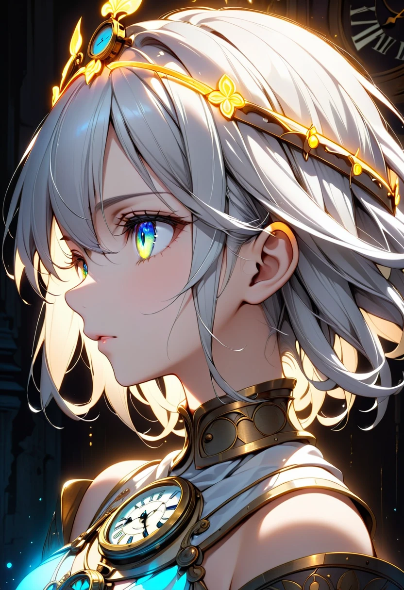 goddess、Eyes tinged with melancholy、profile、Silver Hair、Circlet、Neon-like light、The background is a close-up of an old clock、Bust Shot、The background is lit from above