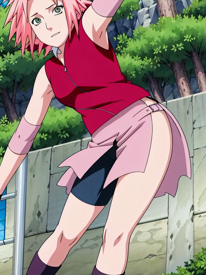 Sakura Haruno nude,wide hips,abdomen,sexy ,Show your armpits,jump,On the tree,IPST, naked,Torn shirt,far corner,kneel, In the forest,open shirt,nipple