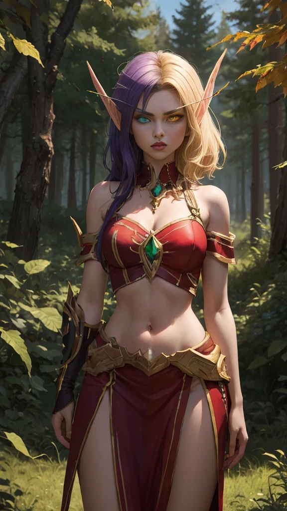 (Masterpiece, highly detailed, highly quality, highly resolutions), SplitScreen, split screen, BREAK nightelf, angry, clenched teeth, glowing eyes, blue eyes, Purple Hair, colored skin, mature female, purple midriff, navel, purple spike shoulder pad, platinum trim, green leaves, jewelry, looking at viewer, forest, night, bare shoulders, spring season