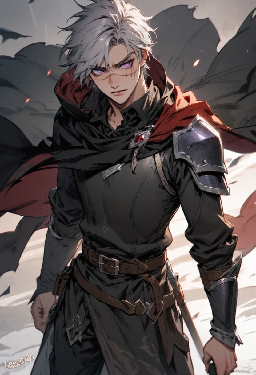 young man ,Male Dark, Red & Black colors, purple eye, rogue dnd, wear cape, hood, have scar, grey hair
