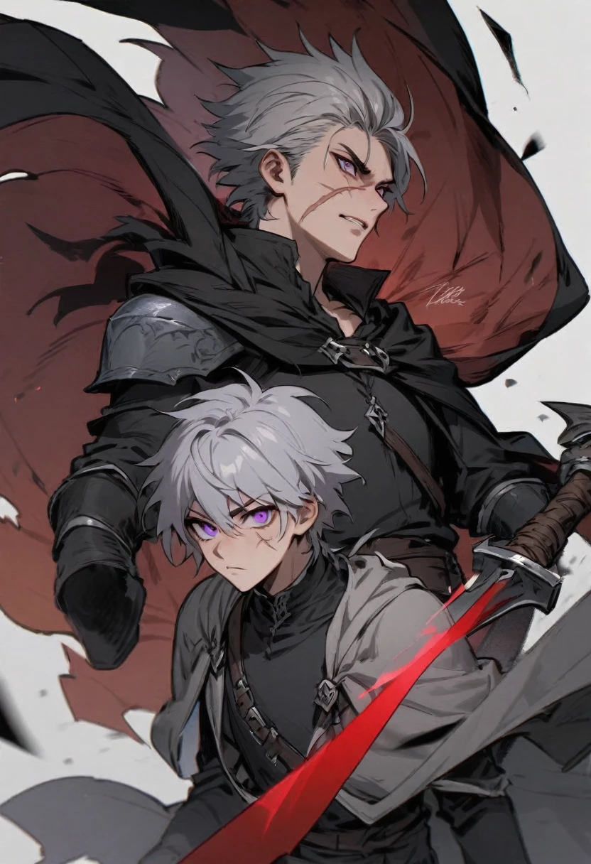 young man ,Male Dark, Red & Black colors, purple eye, rogue dnd, wear cape, hood, have scar, grey hair