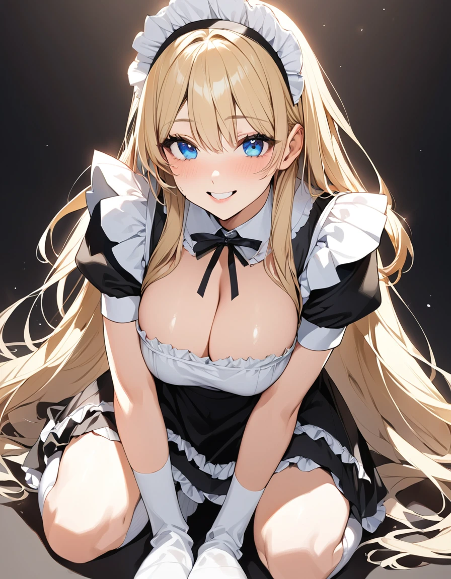 Beautiful girl in maid、(Top quality illustrations:1.2), (pretty girl:1.1), (1 girl、17 years old、Top quality illustrations:1.2), (1 girl、Kind eyes、blue eyes:1.2)、Blonde、Semi-long hair、Mature、Large Breasts、smile、(Black and white maid costume、White knee-high socks) 、sexy、White background、Simple Background