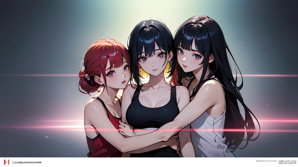 Album cover、masterpiece, Highest quality, Three Girls、Hugging portraits、K-POP ,Girls group,Tank top、Idol、8k,High resolution, ( Light_Styler:1.2)(Rainbow:1.2),(Excellent rendering, Stand out in the same class), (Amazing details, Excellent lighting, Wide-angle), Big Breasts(0.6), Detailed Background、Ultra-detailed details、