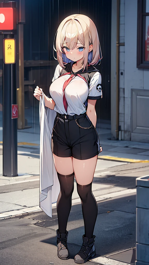 Full body image, front, One girl, 18-year-old, Mix 4, (32K, RAW Photos, Highest quality, masterpiece:1.2), (Anime-like, photoAnime-like:1.37), cute, Short sleeve T-shirt,Shorts,Black knee socks, night, rain, Humidity, Professional Lighting, Photon Mapping, Radio City, Physically Based Rendering, Super Resolution, (Big Breasts:1.2), {{The biological weapon that had preyed on the younger sister took her place and reunited with the older brother, The rebellious little sister has become the obedient little sister}}, Girl Skull, whole body, NSFW