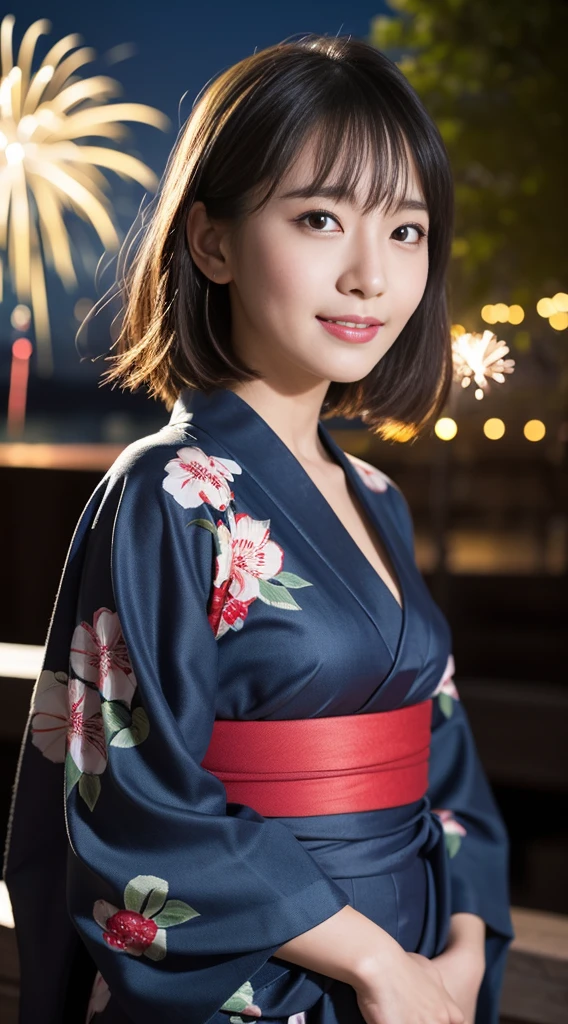 (8k、RAW Photosgraphy、Highest quality、masterpiece:1.2)、(Realistic、Photorealistic:1.37)、Ultra-high resolution、One Girl、cute、solo、night、Sitting、(Laughter:1.1)、(Closed)、huge 、Beautiful Eyes、(short hair:1.2)、(((Fireworks bursting into the sky、night)))、(((kimono、yukata)))、Cleavage、Perfect body、Perfect Fingers、Professional Lighting、Japanese Goddess、gravure、Detailed face and skin texture、Detailed eyes、RAW Photos、Slim Yukata、appear