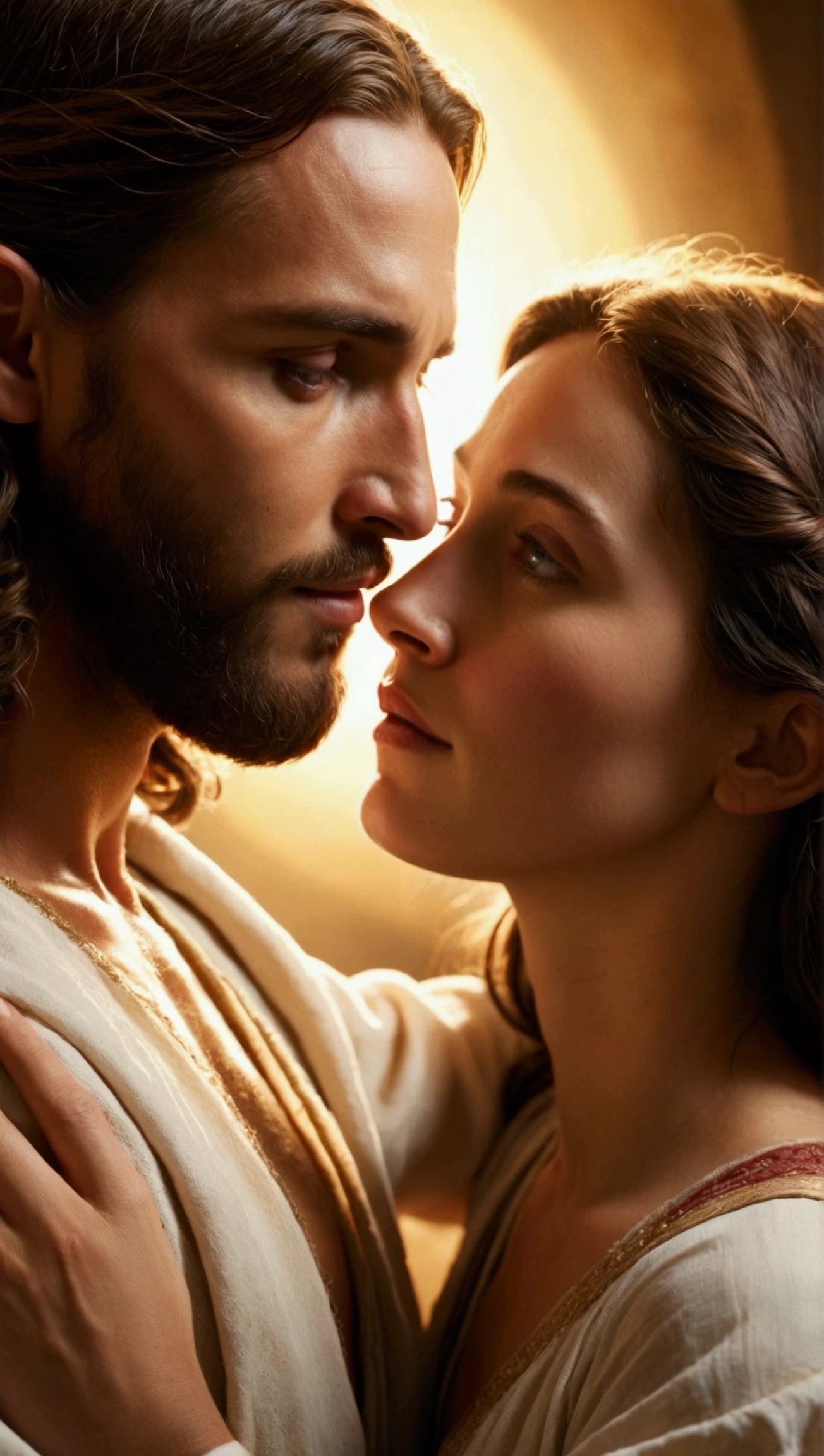 create a photograph Captivating and cinematic scene of Jesus holding a woman in his arms, the woman rests her head on his chest. Jesus exudes a brilliant divine light that illuminates the woman, Photographic, Cinematic, Perfect Eyes, Perfect Skin, Intricate Details, Realistic Image, Dynamic Lighting, Hyper-Detailed, Ultra-Realistic, Realistic Textures, 4K Photorealism.Less