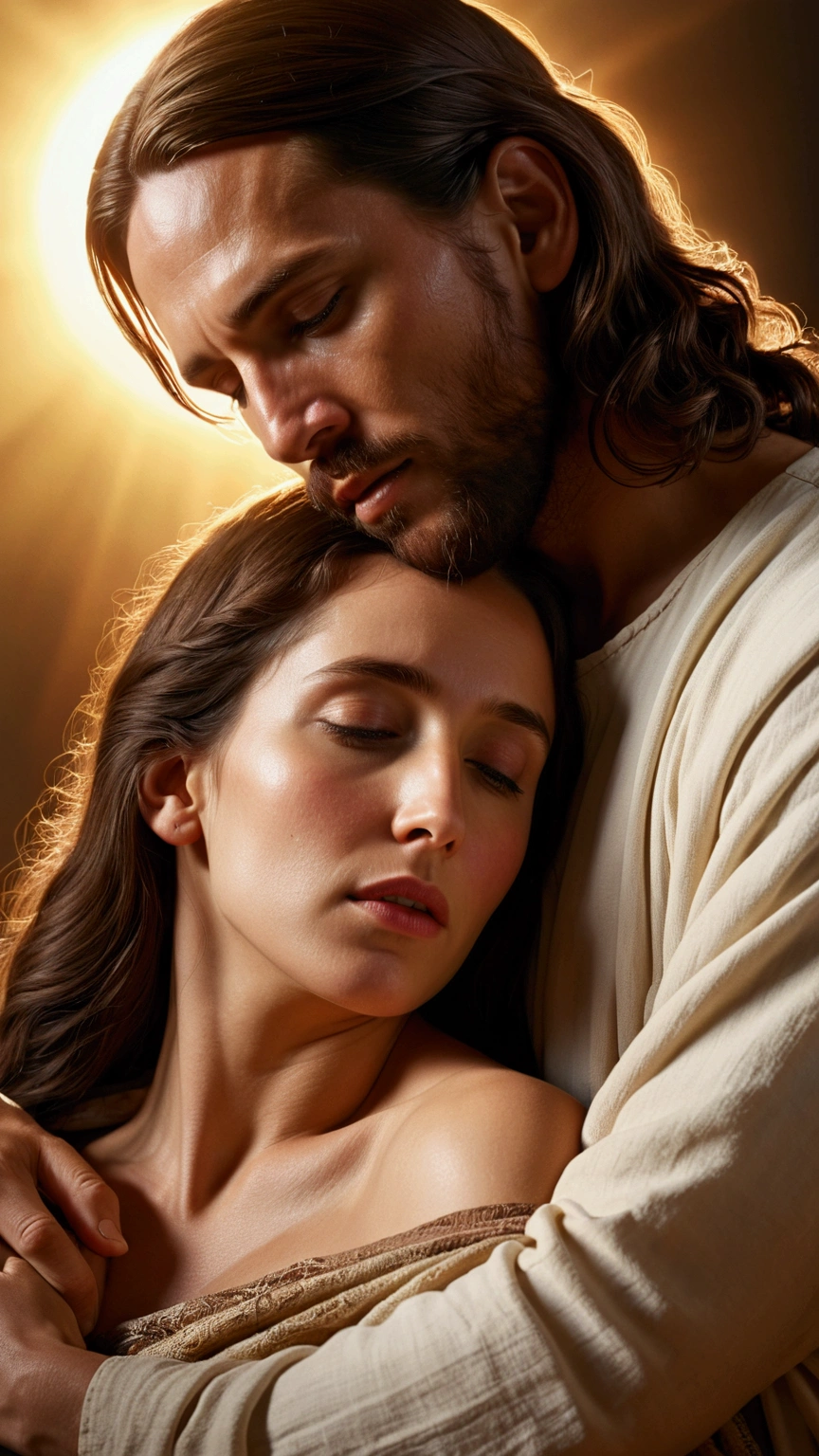 create a photograph Captivating and cinematic scene of Jesus holding a woman in his arms, the woman rests her head on his chest. Jesus exudes a brilliant divine light that illuminates the woman, Photographic, Cinematic, Perfect Eyes, Perfect Skin, Intricate Details, Realistic Image, Dynamic Lighting, Hyper-Detailed, Ultra-Realistic, Realistic Textures, 4K Photorealism.Less