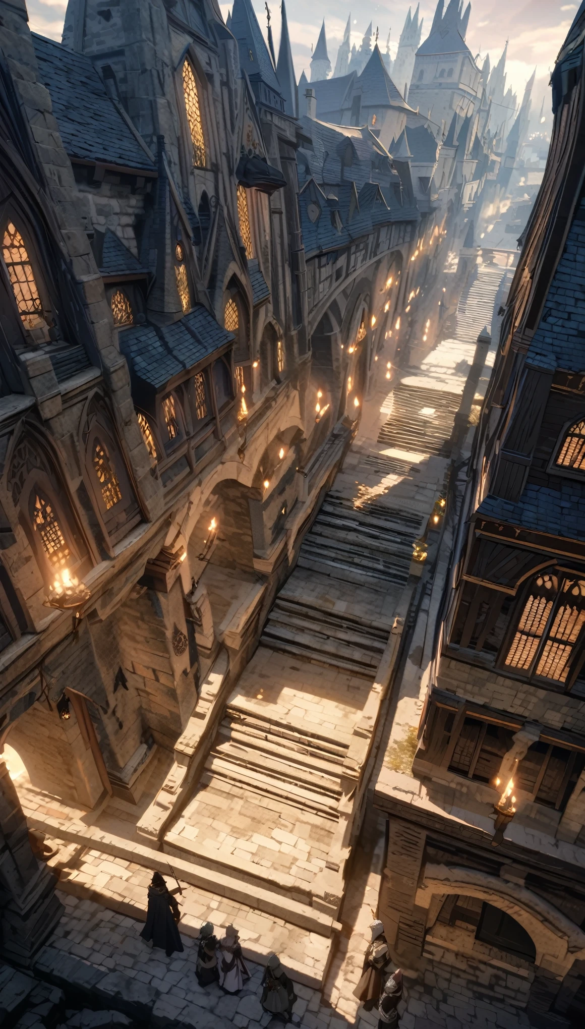 anime aestetics, anime scenery, unerground city, medieval city, shining celling, blue, grey and white colours, mystic city, gothic architecture, multy leveled city, elden ring, dark fantasy, dnd, beautiful scenery, nokron, dim light, white candles, wide shot, from above, atmospheric perspective, perspective, highres, best quality, 8k, super detail, masterpiece