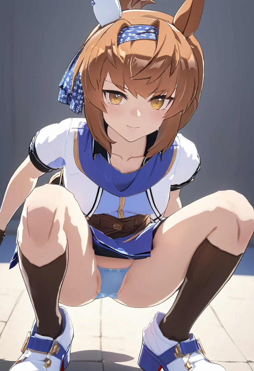 1girl,furioso\(umamusume\),horse tail,{{spread armpit}},skirt,(((squatting))).spread legs,knees up,front view,straight-on,latex underwear,((cameltoe)),umamusume official art,anime coloring,cel shading,stylized,ai-generated,super fine illustration,intricate,beautiful eyes,masterpiece,best quality,highres,4k,8k,nsfw