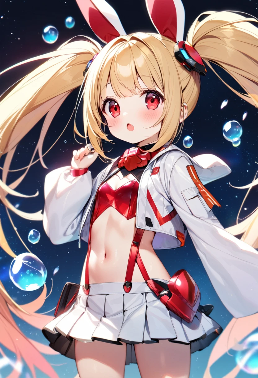 1girl, ,little_girl,ruby, blonde hair, twintails, bangs, red eyes, very long hair, crystal bunny ears, futuristic rabbit ears, wide sleeves, very short jacket, open jacket, white jacket, suspenders, futuristic outfit, bubbles, a space background in the background, 1girl, solo, skirt, blonde hair, long hair, navel, very long hair, white background, pleated skirt, long sleeves, dynamic angle