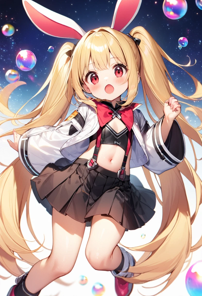 1girl, ,_girl,ruby, blonde hair, twintails, bangs, red eyes, very long hair, crystal bunny ears, futuristic rabbit ears, wide sleeves, very short jacket, open jacket, white jacket, suspenders, futuristic outfit, bubbles, a space background in the background, 1girl, solo, skirt, blonde hair, long hair, navel, very long hair, white background, pleated skirt, long sleeves, cute