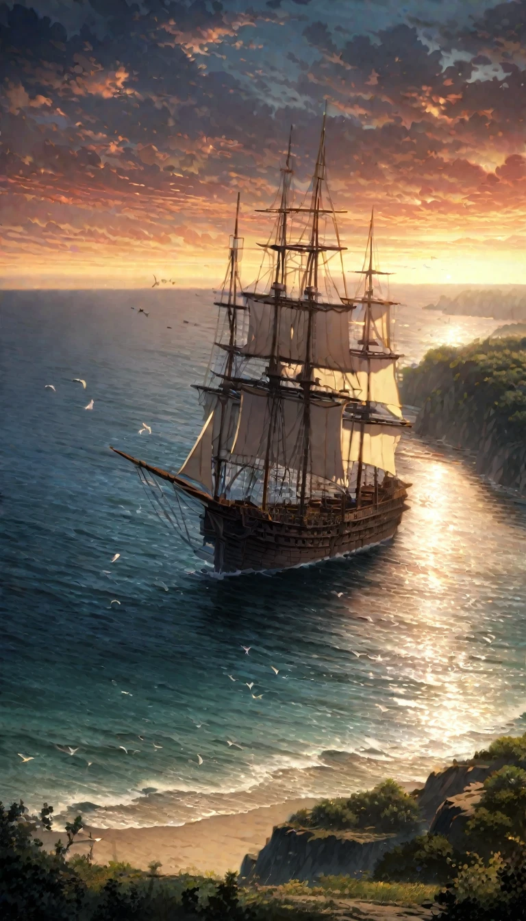  anime aestetics, anime scenery, view from the cliff next to the ocean, large sailing ship at the ocean, red and white sail, blue flag, made of dark brown trees, old ship, traidors ship, calm atmosphere, early mourning, a new dawn, majula, birds flying at the sky, a few orange clouds, little waves, peaceful view, wide shot, atmospheric perspective, perspective, 4K, high quality, best quality, super detail, masterpiece