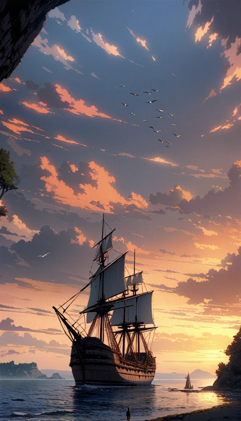  anime aestetics, anime scenery, view from the cliff next to the ocean, large sailing ship at the ocean, red and white sail, blue flag, made of dark brown trees, old ship, traidors ship, calm atmosphere, early mourning, a new dawn, majula, birds flying at the sky, a few orange clouds, little waves, peaceful view, wide shot, atmospheric perspective, perspective, 4K, high quality, best quality, super detail, masterpiece