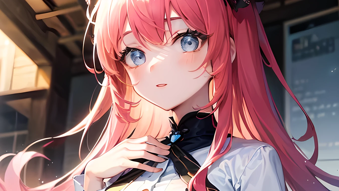 (finely detailed beautiful eyes and detailed face,masterpiece sidelighting,masterpiece,best quality,detailed,high resolution illustration),
(1girl,whole body,bishoujo,lustrous skin,looking down,looking at viewer),
(sky pink hair,Blue eyes,short skirt,ribbon,button shirt)、tits、Beautiful 5 fingers、Black lace pants、