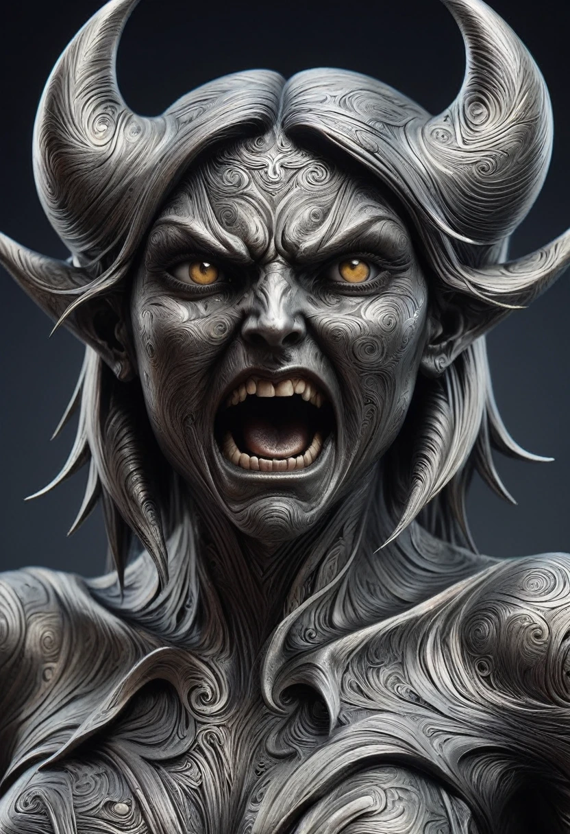 A female demon sculpture made of Damascus steel, Disgusted expression, angry, anger, Extremely detailed facial features, Detailed texture