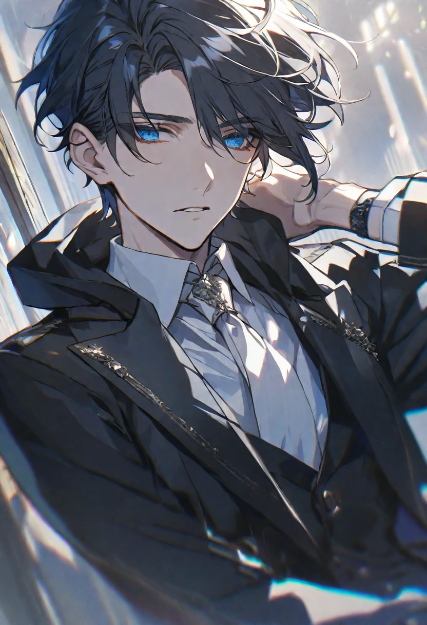 Alone, elegant, 1 male, short hair, black hair and white hair, blue eyes, White shirt, white tie, black hood