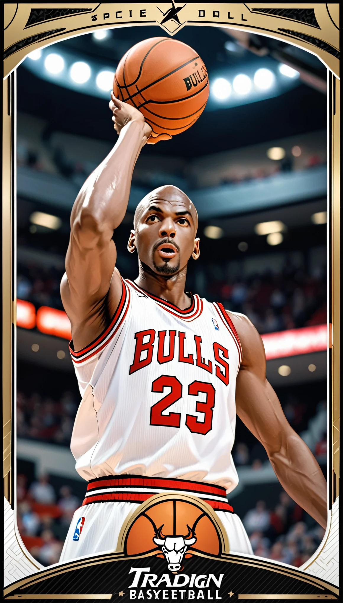 (masterpiece:1.2,Highest quality,Highest quality,High resolution),(Super detailed),(Anime Style),8k,wallpaper,One Man,Black,Basketball Player,Michael Jordan,Detailed face,Sticking out tongue,Chicago Bulls Uniforms,((front)),(((Shooting position:1.6))),(((Dynamic Angles),Basketball Court,(((Background Blur))),(((Upper body close-up))),((From below)),(Basketball Playerトレーディングカード),(((Beautiful trading cards:1.2))),((Special trading cards:1.3)),((Upper Deck inspired design:1.2))