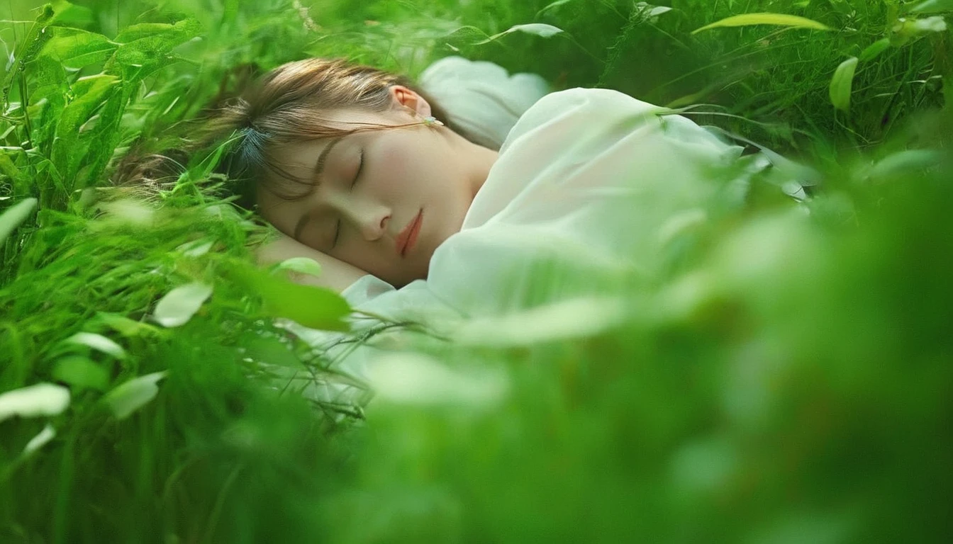 (masterpiece), Highest quality, One girl, (Sleeping in a forest of lush grass and leaves,Happy sleeping face),Realistic photos, Professional photos, ((Overlooking,A hazy atmosphere))