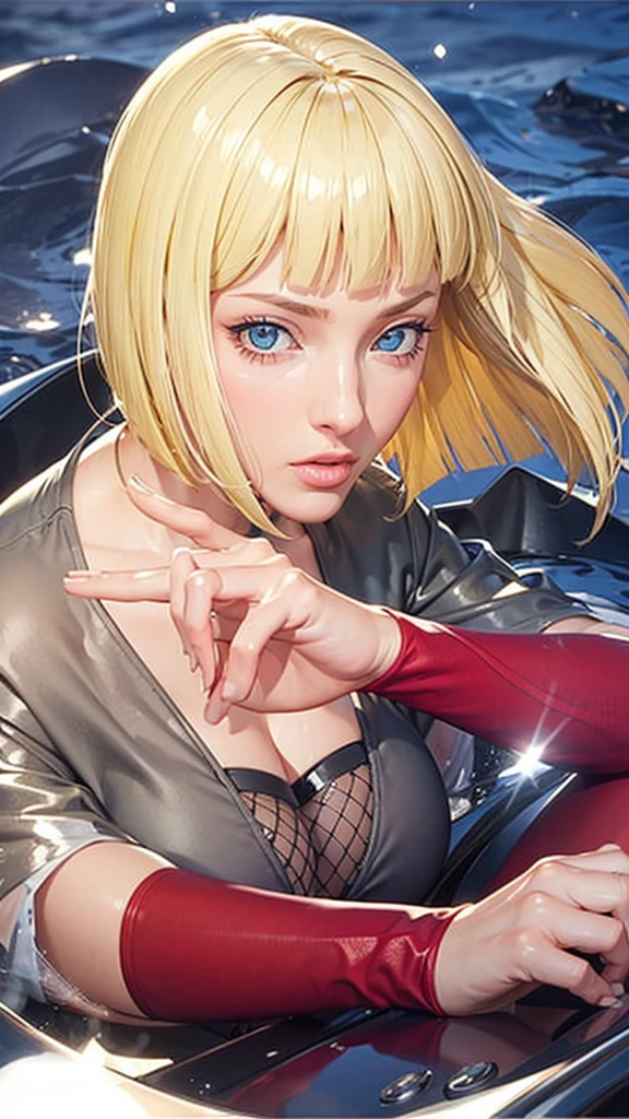 (（（Perfect body,White and tender skin,（（（BLACK KIMONO, CLEAVAGE, VAMBRACES,）））,（（（Samui, Blue eyes, blonde hair, short hair, bangs, blunt bangs,）））,((masterpiece)),high resolution, ((Best quality at best)),masterpiece,quality,Best quality,（（（ Exquisite facial features,Looking at the audience,There is light in the eyes,Poker face）））,Look up at the sky，From below）））,（（（Light and shadow,Huge breasts，Plump buttocks）））,（（（Looking at the camera,black background,)））),