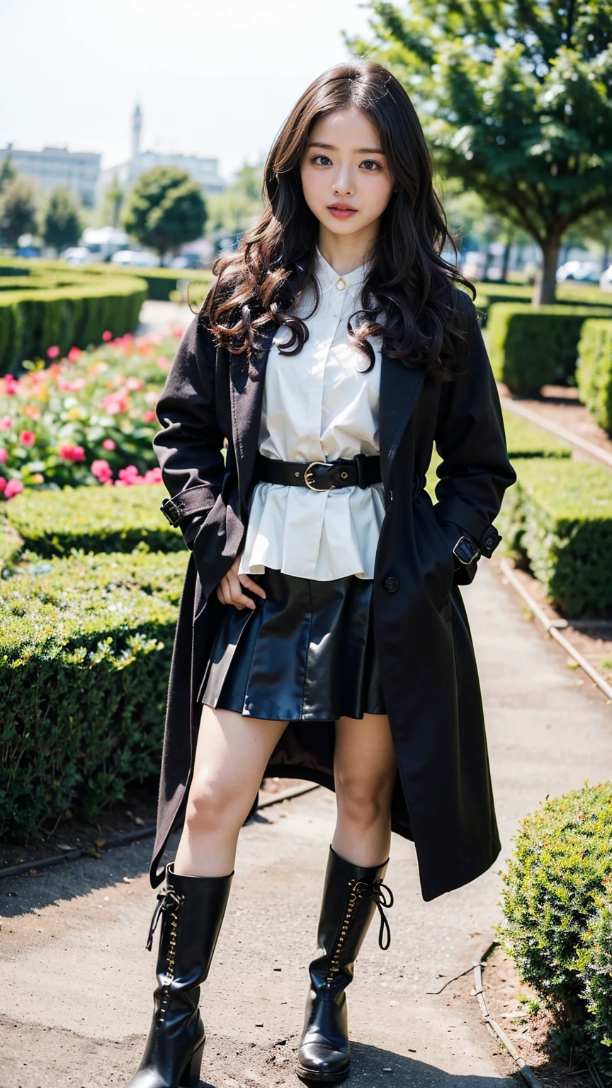 (8k、RAW Photos、Highest quality、masterpiece:1.2)、(Realistic、Realistic)、1 Girl、((coat、黒いmini skirt、Curly Hair、mini skirt、boots、garden、View from the front、Looking at the camera、belt、Hands on your hips))、cute