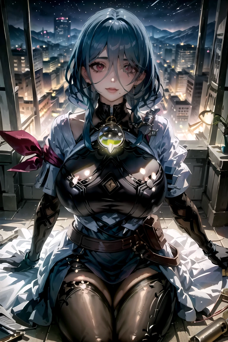 ((masterpiece)), ((best quality)), (ultra-detailed), absurdres, extremely detailed CG unity 8k wallpaper, Official Art, beautiful face, expressive eyes, solo, 1girl, mature female, milf, motherly, narrow waist, huge breasts, wide hips, sharp eyelashes, lips, aqua hair, red eyes, hair between eyes, medium hair, (DefNat, dress, black bodysuit, belt, single gloves, puffy sleeves, red ribbon, single gloves, elbow gloves, belt, pantyhose), scenery, clinic, illustration, dramatic lighting, sitting, smile, ((masterpiece)), , absurdres, HDR, big breasts
