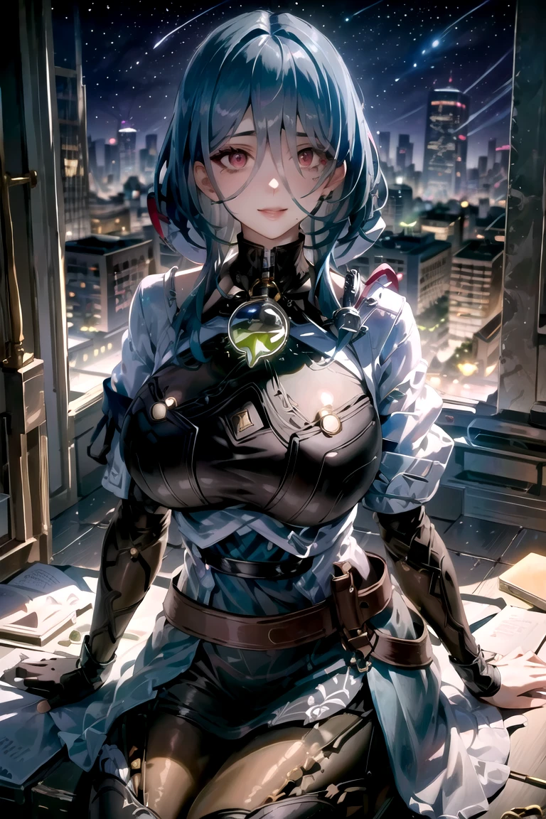 ((masterpiece)), ((best quality)), (ultra-detailed), absurdres, extremely detailed CG unity 8k wallpaper, Official Art, beautiful face, expressive eyes, solo, 1girl, mature female, milf, motherly, narrow waist, huge breasts, wide hips, sharp eyelashes, lips, aqua hair, red eyes, hair between eyes, medium hair, (DefNat, dress, black bodysuit, belt, single gloves, puffy sleeves, red ribbon, single gloves, elbow gloves, belt, pantyhose), scenery, clinic, illustration, dramatic lighting, sitting, smile, ((masterpiece)), , absurdres, HDR, big breasts
