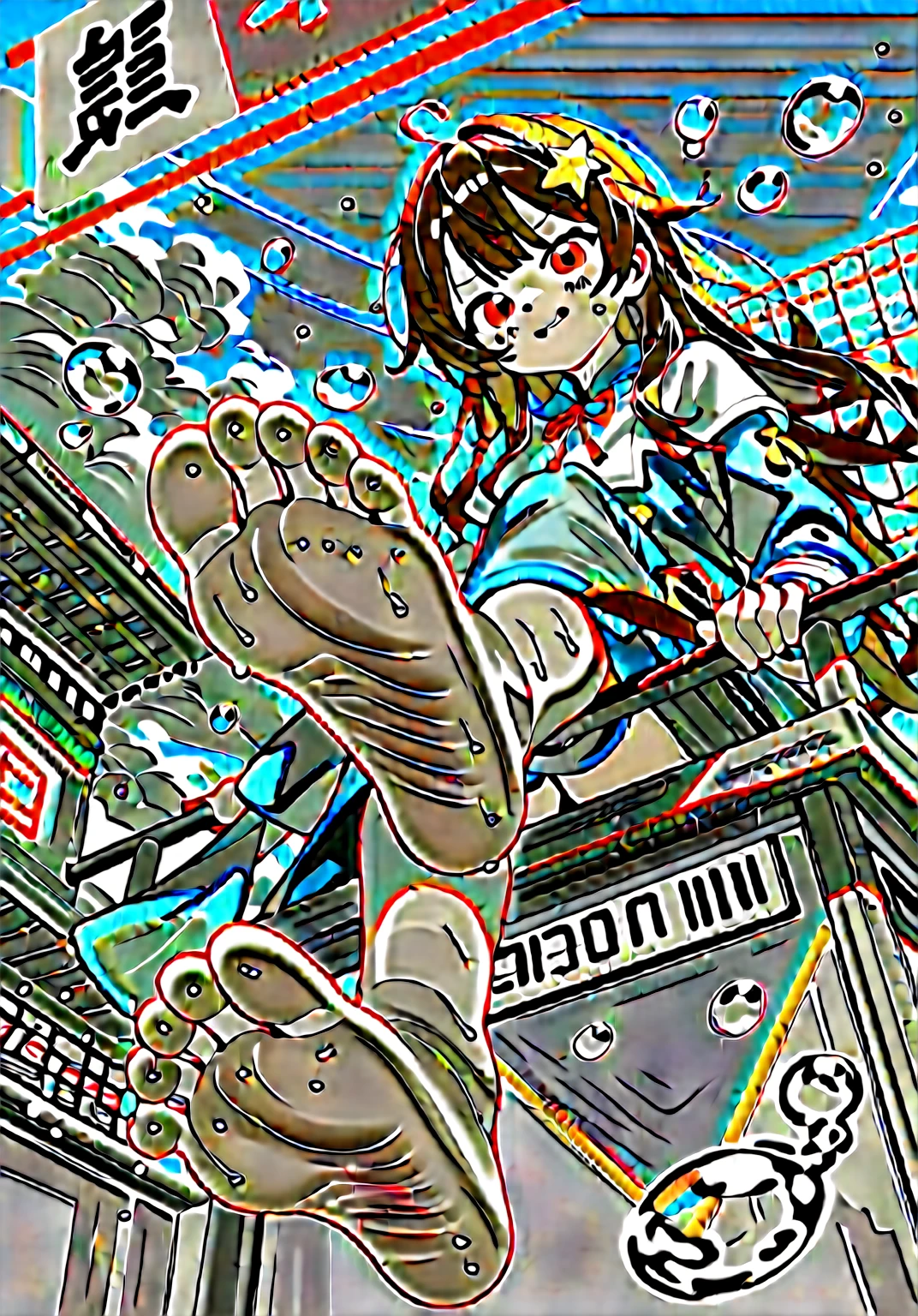 wallpaper，The background is in the room，Brown hair， Long hair，best quality, Very detailed, masterpiece, Extremely detailed, illustration, Sky,Foot Focus, Smirk, barefoot,Stinky feet,Steam around feet,The soles of your feet sweat a lot，Pink hoodie，Pink Eyes，Denim shorts，There is a big five-pointed star hairpin in the hair