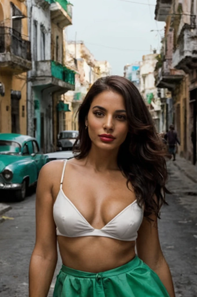 a stunning Cuban woman, His personality recalls the timeless charm of Havana, His eyes full of light green stories, wisdom with a touch of mischief, Rich, red lips that reflect the vitality of Cuban culture, hair as dark and flowing as the Cuban night sky, wearing a traditional Cuban costume, its bright colors, as if they reflected the very spirit of Cuba, environment that surrounds an amalgam of symbolic street scenes of Cuba, Old cars, colorful buildings, celeste