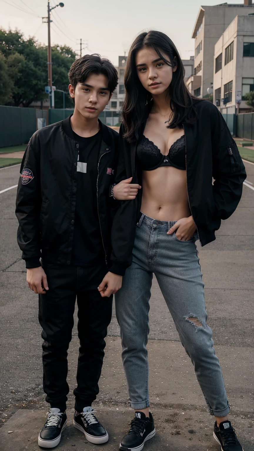 18-year-old years old bts boy wearing black baseball jacket and black jeans and black shoes and 23-year-old years old woman wearing bra and big  and perfect boady 4k cinematic romancing and girl chest holding boy