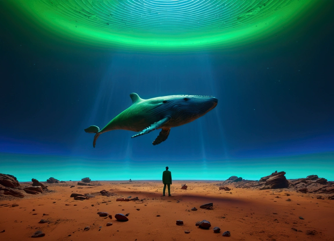 (Flying Whale), reaching the critical point of sky blue shown as sea blue fractal shapes blending together, in Ethereal Watercolor style, with dreamy washes, full body, award-winning, cinematic still, emotional, vignette, dynamic, vivid, (masterpiece, best quality, Professional, perfect composition, very aesthetic, absurdres, ultra-detailed, intricate details:1.3)