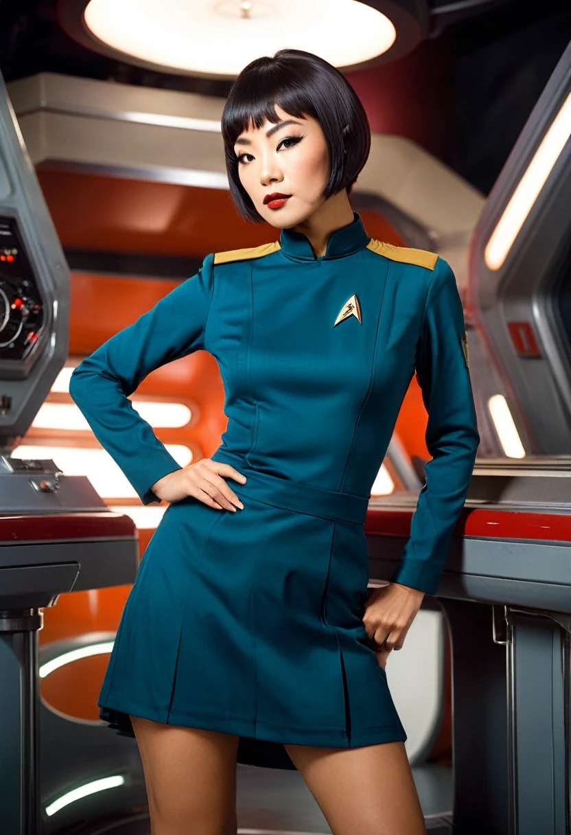 provocative, sexy, very sexy, flirtatious, arousing, revealing, sensuous, teasing ((wearing star trek original series 70s once piece mini dress bridge crew uniform)) (asian crew member with bob haircut and slim figure) ((in the style of a retro-futuristic, retro-scifi film set) ((in the style of a 70s erotic movie, soft focus, cinematic, pulp, porn, retro porn, 1970s film) ((ultra realistic, detailed and dynamic)) (nikon d850 film 4 kodak portra 400 camera f1.6 lens, rich colors, hyper realistic, lifelike texture, dramatic lighting, cinestill 800 tungsten, (RAW photo, nikon, 8k, Super detailed, advanced details, intricate details, Super detailed), (award winning photo, masterpiece), (photo-realistic) ((anatomically correct, High precision human body, highly detailed face, realistic skin)) Lighting: Face lighting, Ray tracing, reflective light, Structurally correct)