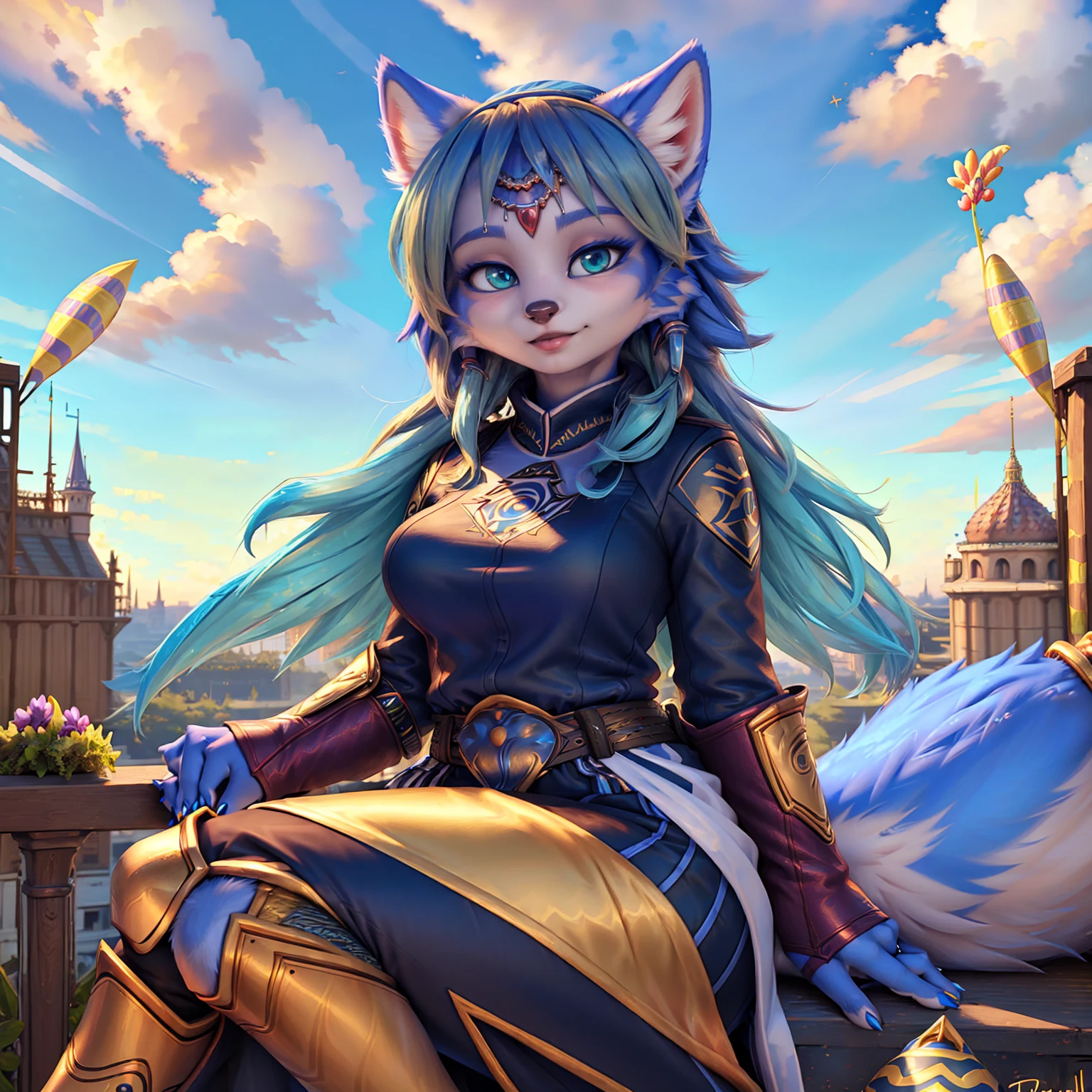 A beautiful and detailed (sweet picture) of ((Krystal)), Star Fox Krystal, green eyes, medium breasts, (((Long blue hair 1.3))), anthro, furry, (of Fluff-Kevlar, Bayard Wu, Personalami, Pino Daeni), detailed fluffy fur, detailed face, (fluffy), 1 girl, alone, Haare bedecken ein Auge:1.4, (((geht über ein Feld mit hohem Gras :1.3))), (((schaut in den himmel:1.4))),