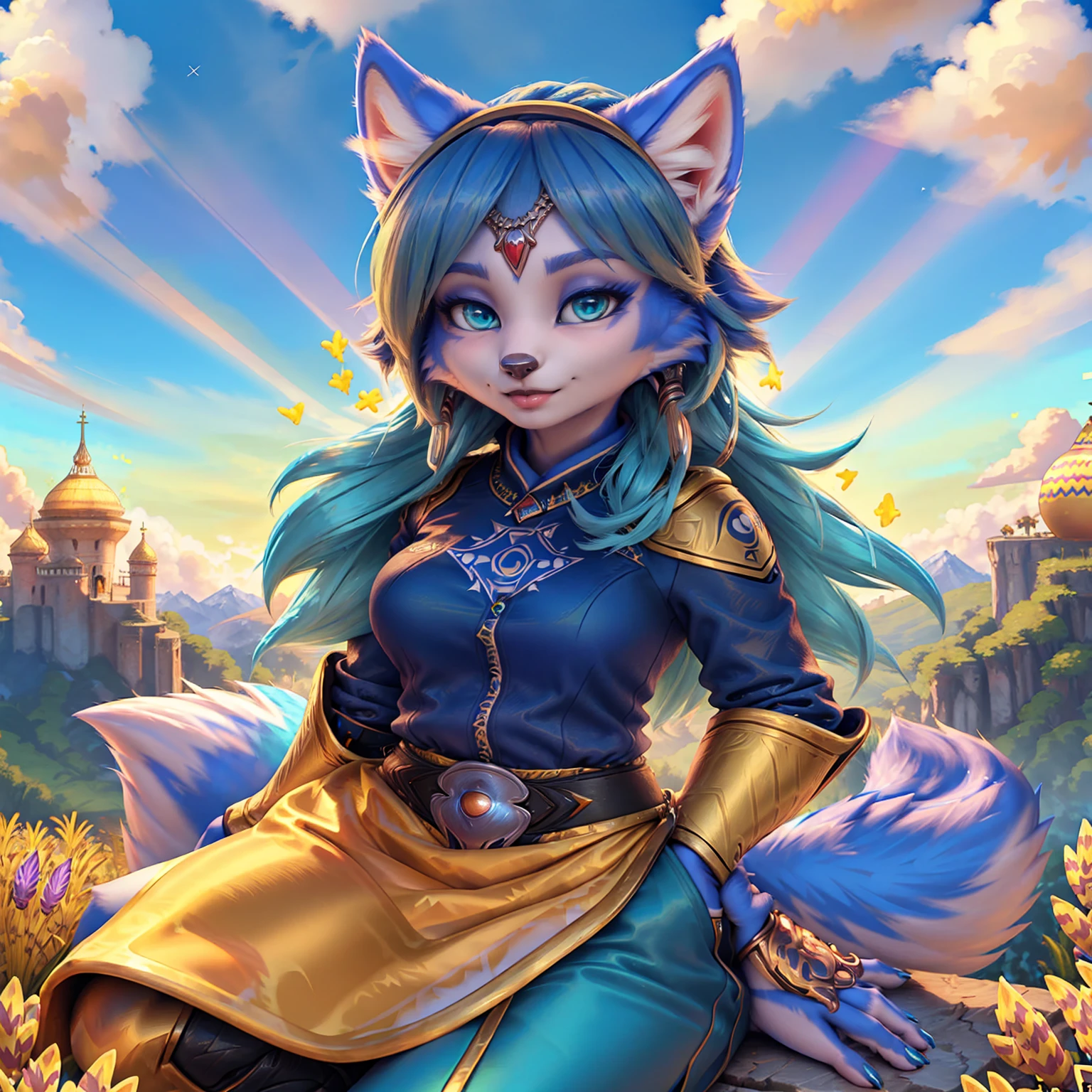 A beautiful and detailed (sweet picture) of ((Krystal)), Star Fox Krystal,  green eyes, medium breasts, (((Long blue hair 1.3))),  anthro, furry, (of Fluff-Kevlar, Bayard Wu, Personalami, Pino Daeni),  detailed fluffy fur, detailed face, (fluffy), 1 girl, alone, Haare bedecken ein Auge:1.4, (((geht über ein Feld mit hohem Gras :1.3))), (((schaut in den himmel:1.4))),