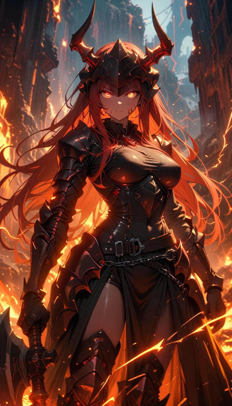 ((best quality)) , ((masterpiece)) , (detailed),axe, 1girl, female focus, horns, glowing eyes, holding, beard, glowing, solo, weapon, holding axe, facial hair, fire, holding weapon, chain, looking at viewer, long hair, lightning, red hair, horned helmet, armor, helmet, belt, fake horns, molten rock, feet out of frame, standing, battle axe, electricity