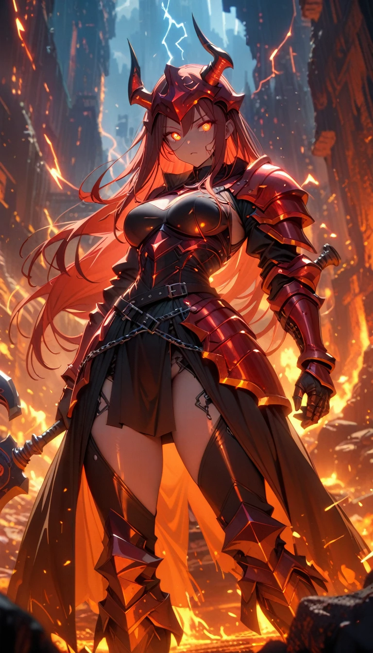 ((best quality)) , ((masterpiece)) , (detailed),axe, 1girl, female focus, horns, glowing eyes, holding, beard, glowing, solo, weapon, holding axe, facial hair, muscular, fire, holding weapon, chain, looking at viewer, long hair, lightning, muscular female, red hair, horned helmet, armor, helmet, belt, fake horns, molten rock, feet out of frame, standing, battle axe, electricity
